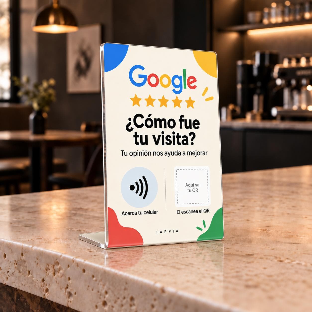 Placa Tappia sobre un mostrador, con diseño para reseñas de Google, zona NFC y espacio para colocar el QR